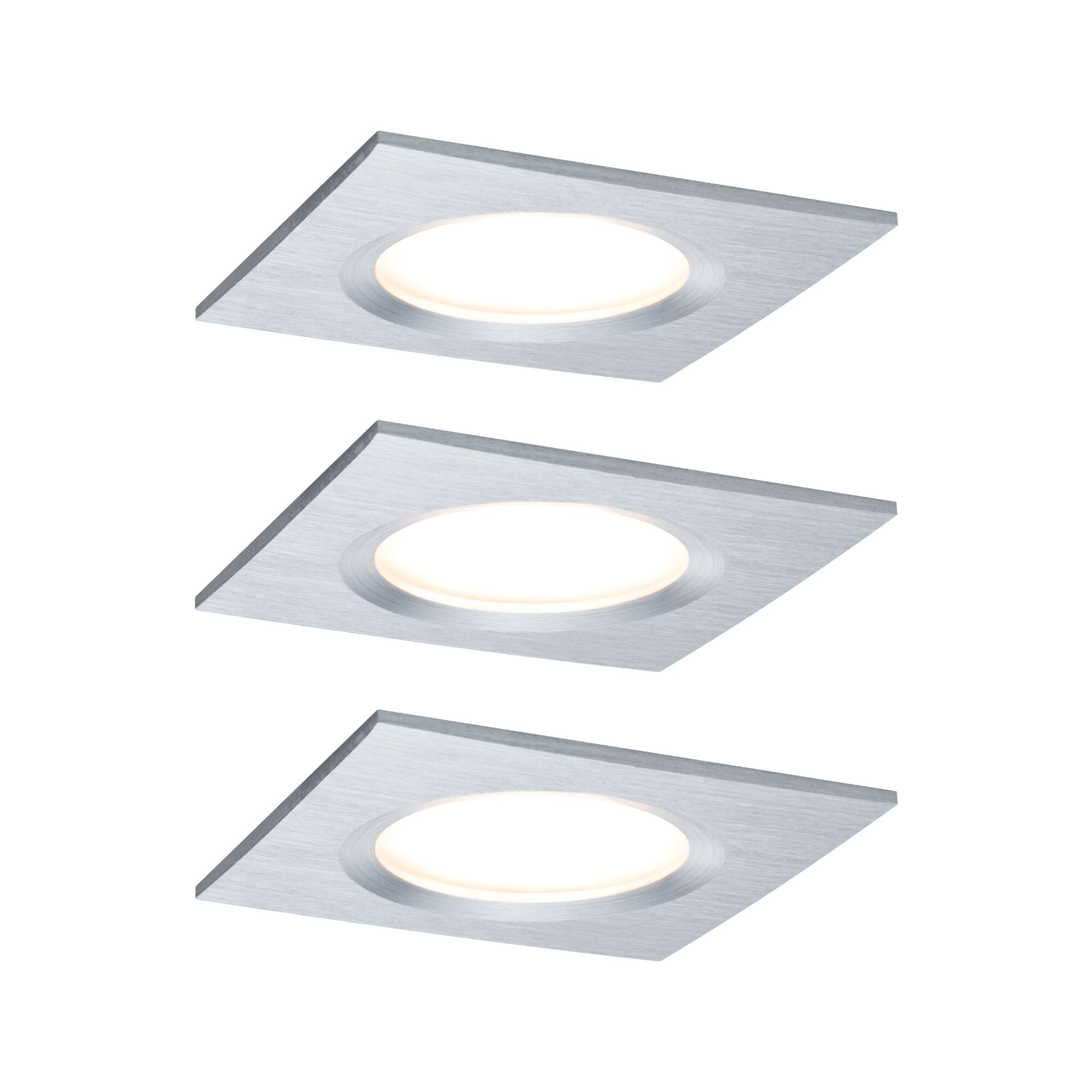 Three square LED recessed lights in brushed aluminum silver for modern interior lighting solutions