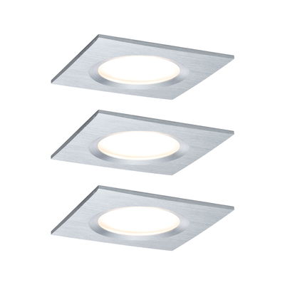 Three square LED recessed lights in brushed aluminum silver for modern interior lighting solutions