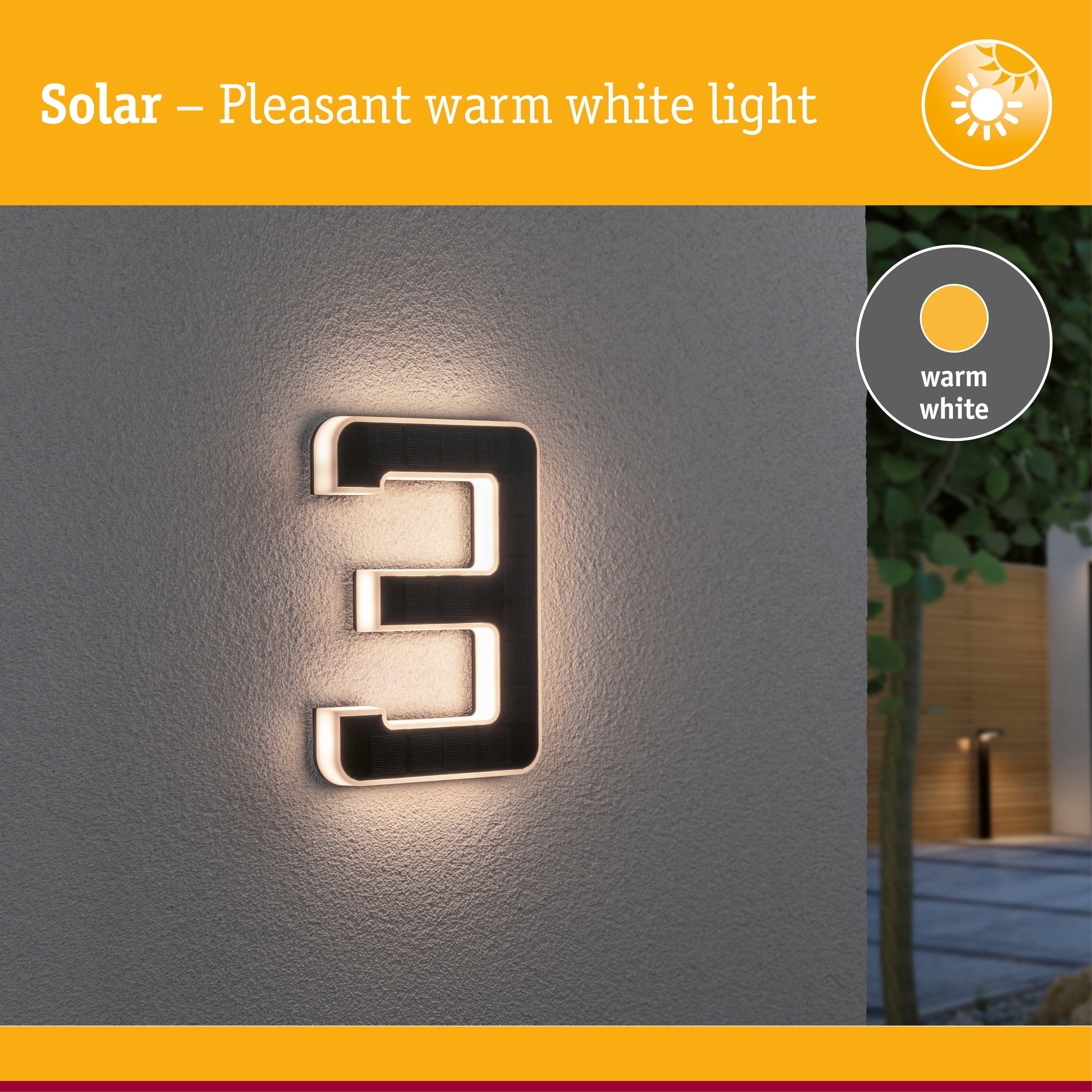 Solar outdoor wall light with warm white illumination and modern design for garden and terrace