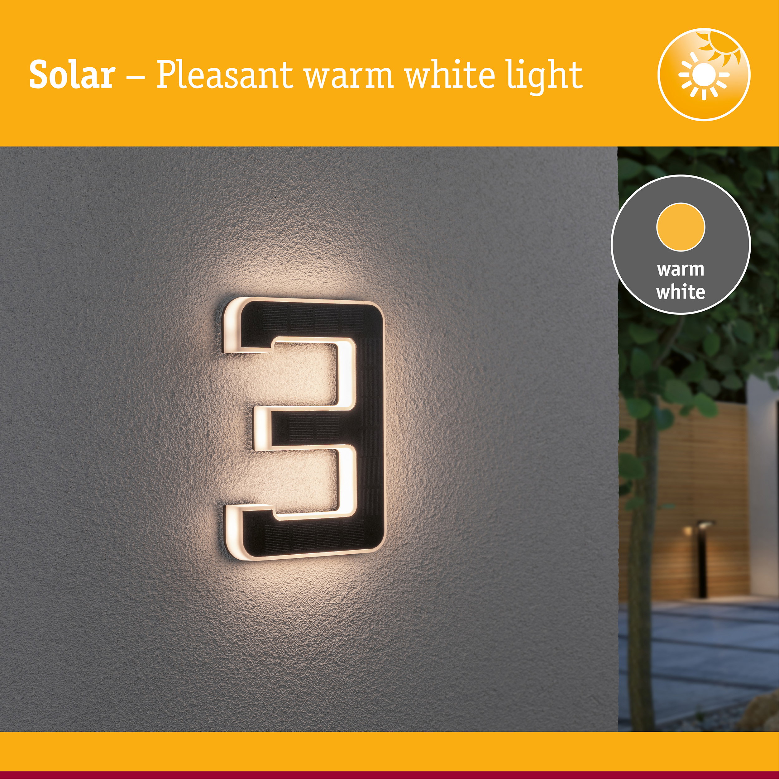 Solar outdoor wall light with warm white illumination and modern design for garden and terrace