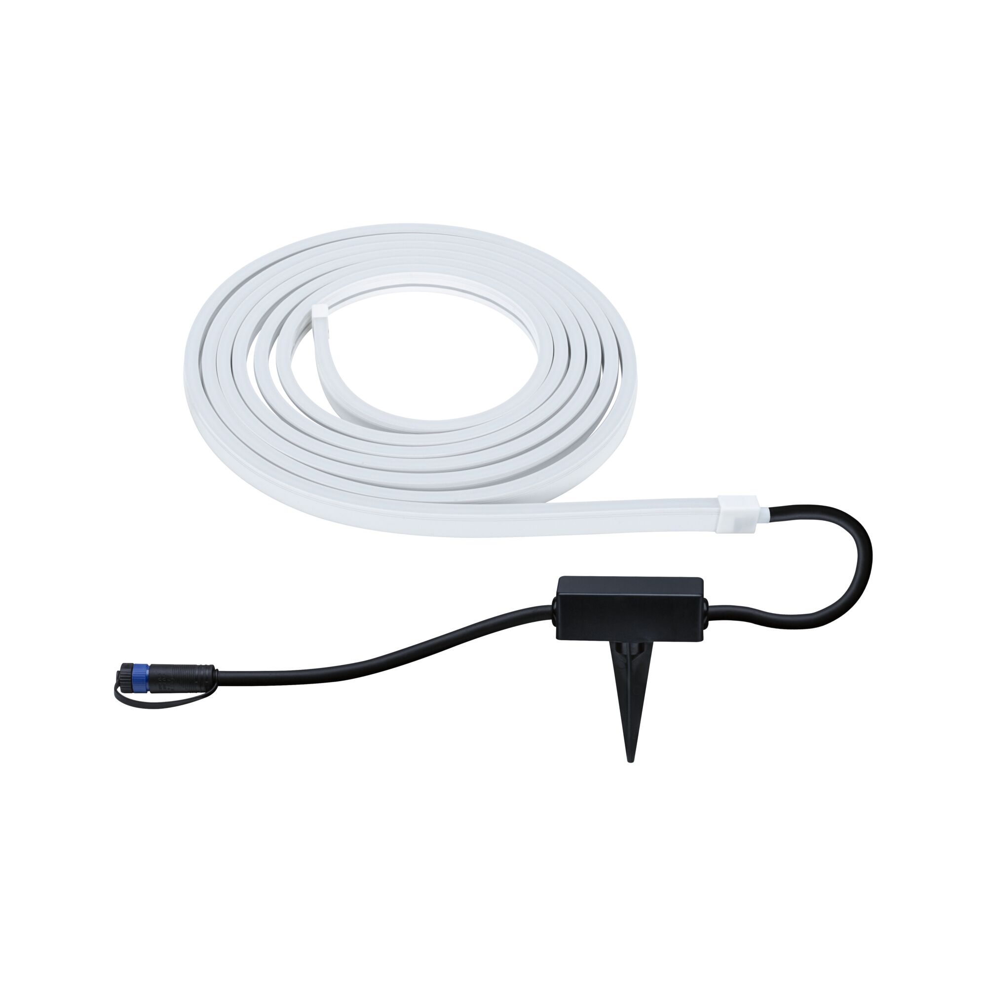 Hvid LED-lysskinne med sort kabel og jordspyd til alsidig udendørsbelysning