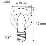 Technische Zeichnung einer E27 LED-Glühbirne mit 95 mm Durchmesser und 140 mm Höhe, 4000 K Lichtfarbe