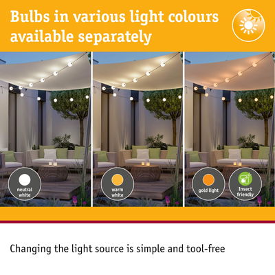 Outdoor string lights showing neutral white, warm white, and gold light options with insect-friendly feature