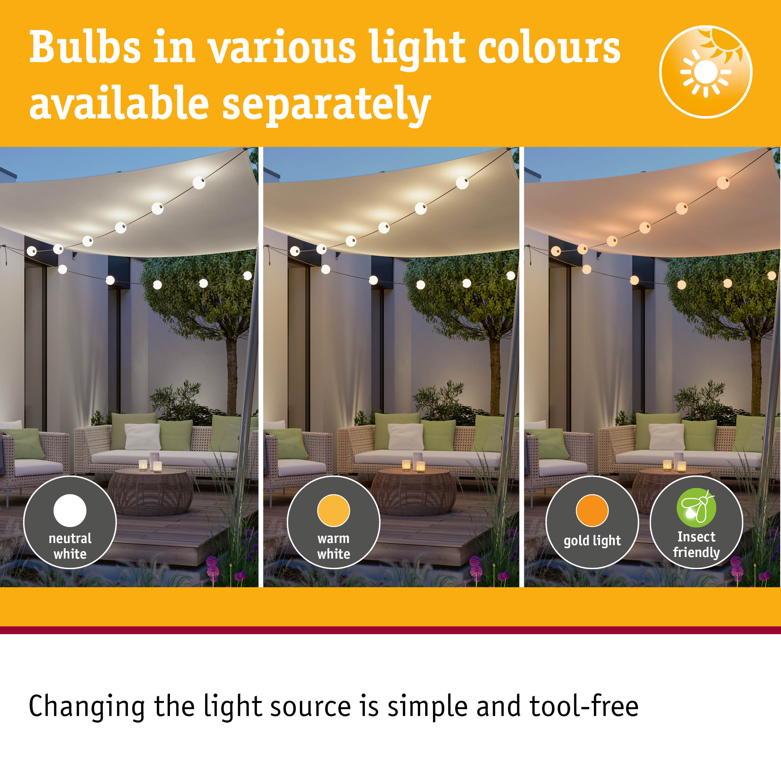 Outdoor string lights showing neutral white, warm white, and gold light options, insect friendly