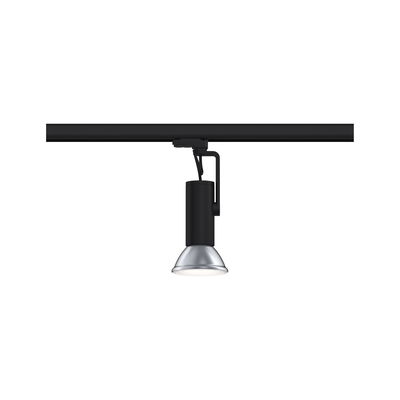 Schwarzer LED-Spot aus Metall mit silberner Reflektorlinse an Schienensystem für Akzentbeleuchtung