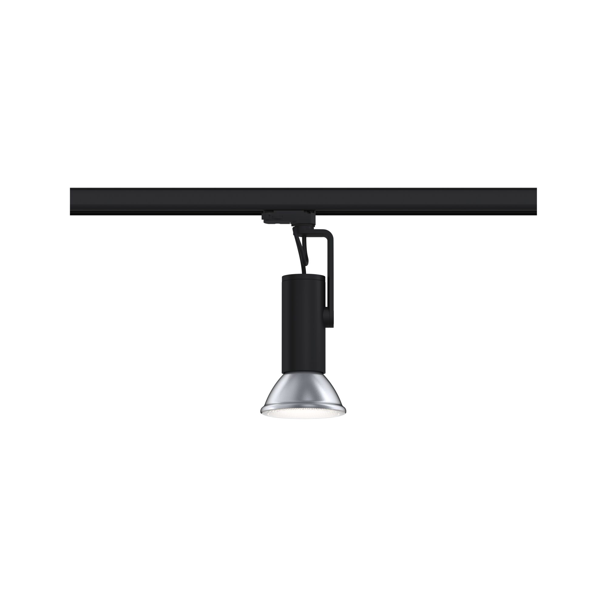 Schwarzer LED-Spot aus Metall mit silberner Reflektorlinse an Schienensystem für Akzentbeleuchtung