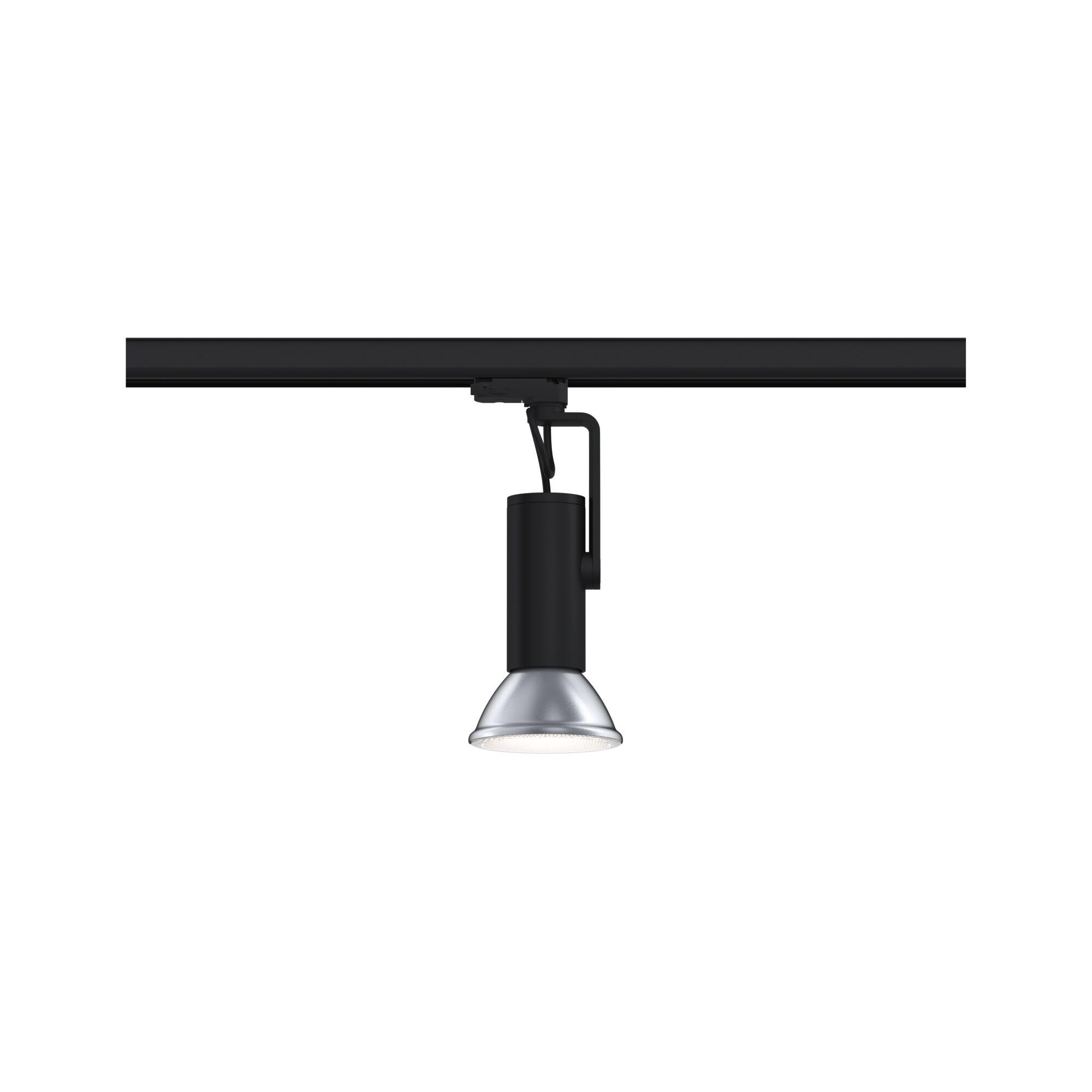Black track light with silver metal reflector for modern indoor lighting solutions