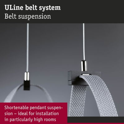 Uline belt system with adjustable grey textile pendant suspension ideal for high room installations
