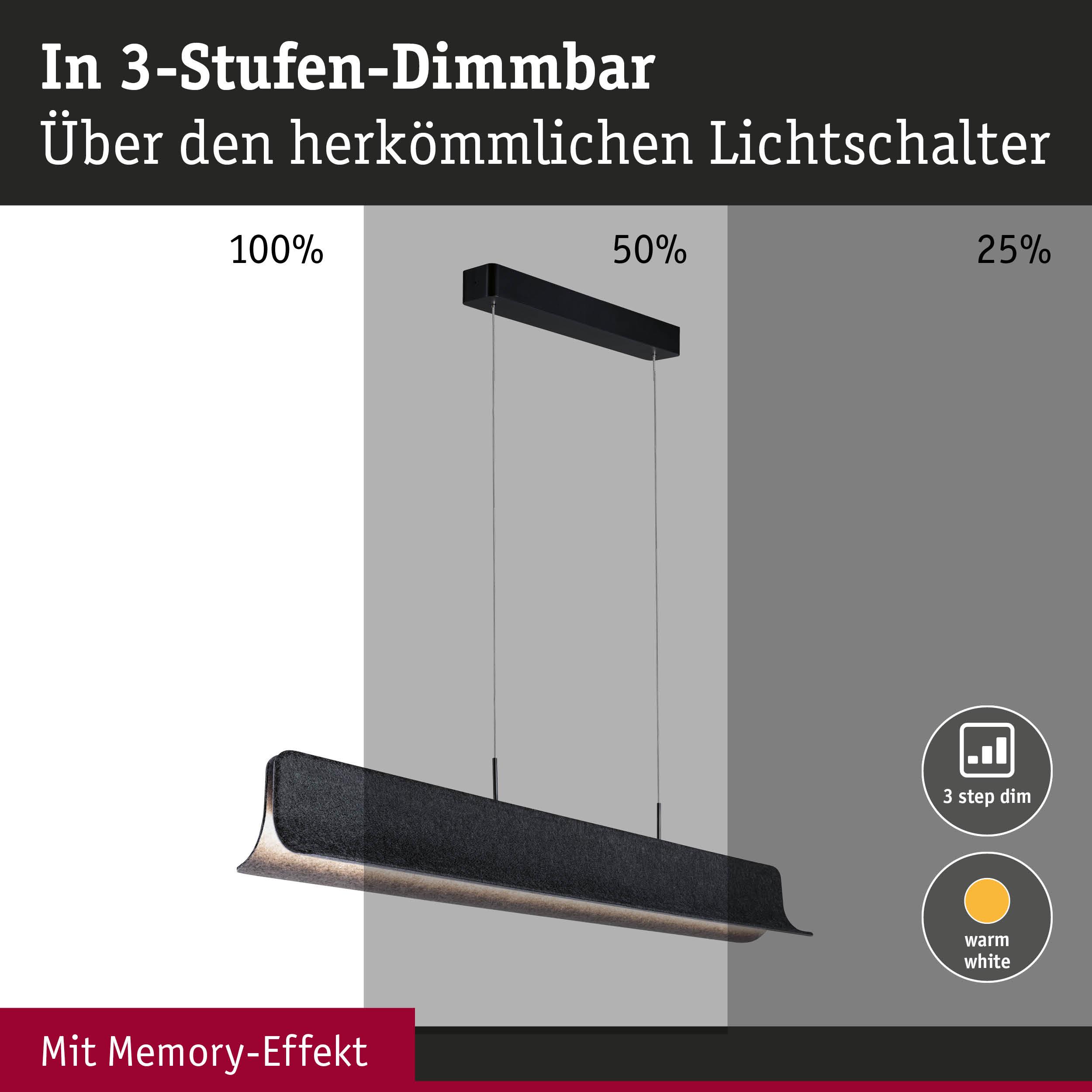 Schwarze LED-Pendelleuchte mit 3-Stufen-Dimmer und warmweißem Licht für Wohnräume
