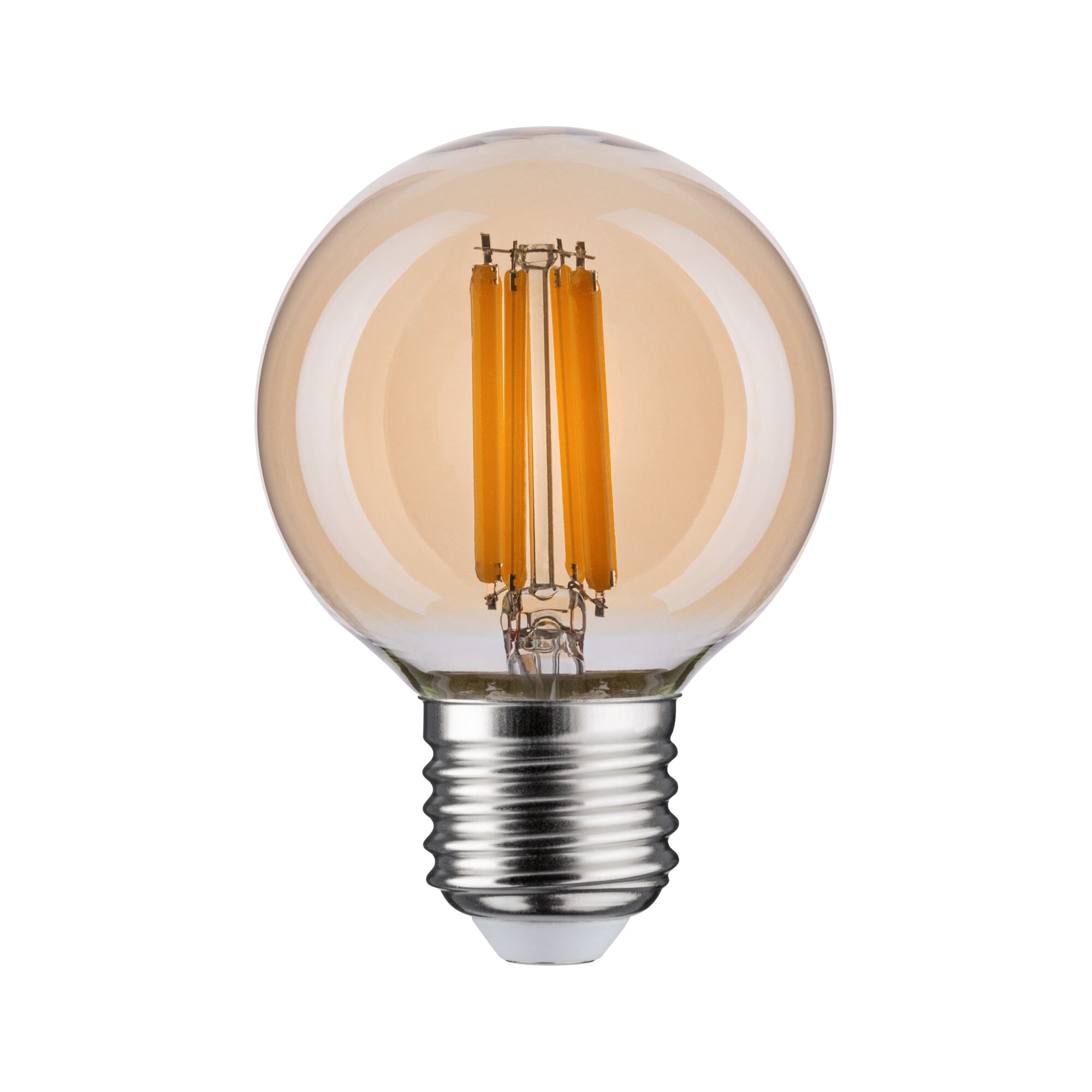 Round LED filament bulb with amber glass and E27 base for decorative lighting and warm ambiance