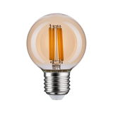 Round LED filament bulb with amber glass and E27 base for decorative lighting and warm ambiance