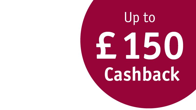 Red circle showing cashback offer up to £150 as promotional graphic