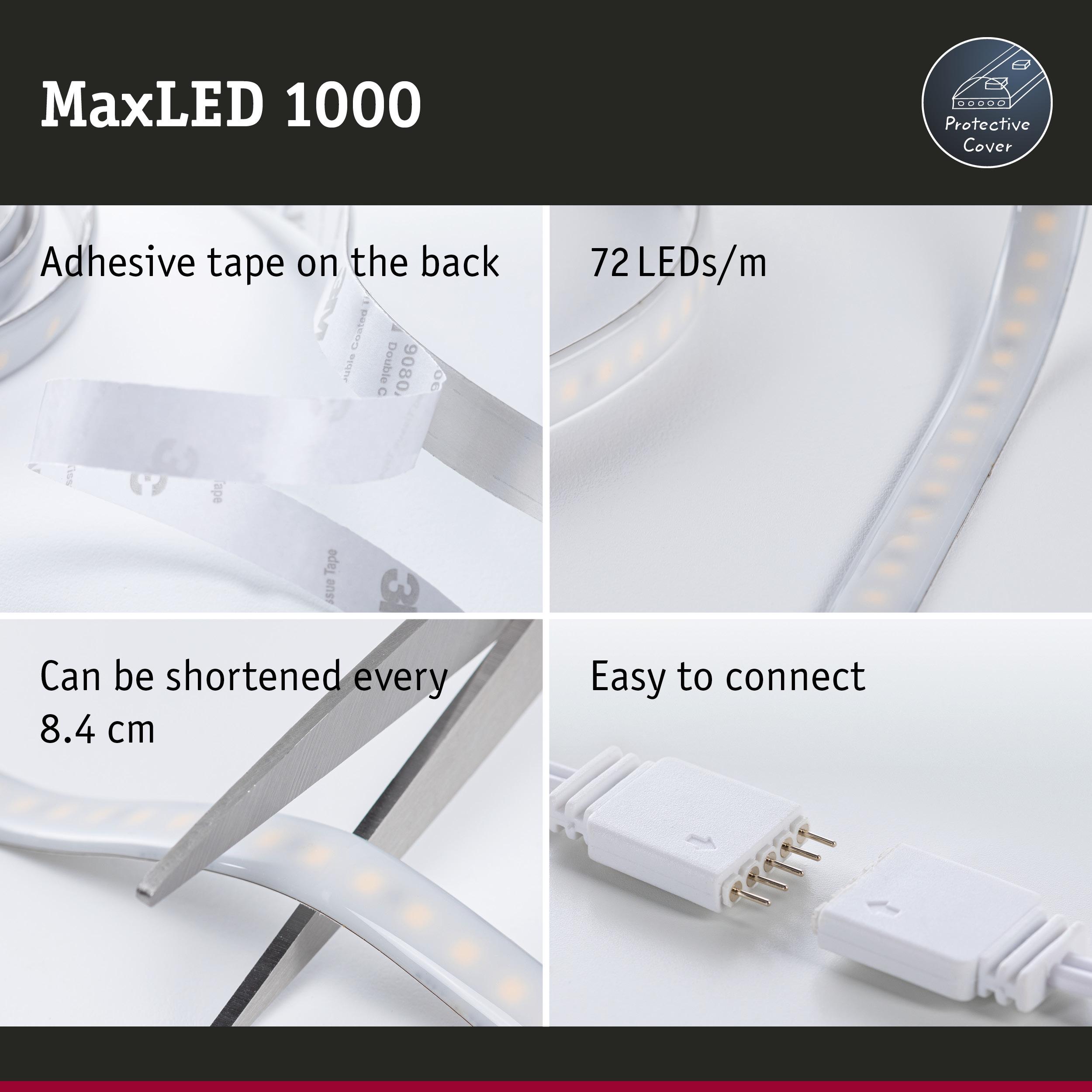 MaxLED 1000 LED strip with adhesive tape, 72 LEDs per meter, cuttable every 8.4 cm, easy to connect