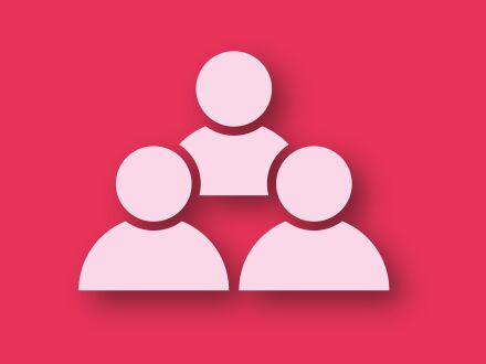 Symbolic image of three stylized pink figures on red background representing teamwork and collaboration