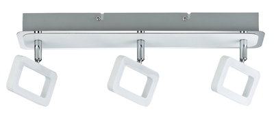 Plafonnier moderne avec trois spots LED carrés blancs et supports chromés pour pièces à vivre