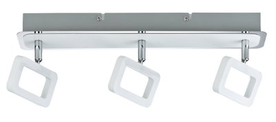 Moderne Deckenleuchte mit drei weißen, quadratischen LED-Strahlern und Chromhalterung für Wohnräume