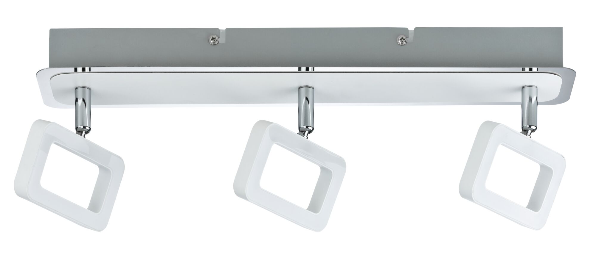 Moderne loftlampe med tre hvide firkantede LED-spotlights og krombeslag til opholdsrum