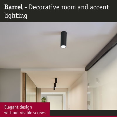 Black Barrel ceiling light in metal with elegant design and no visible screws for decorative accent lighting