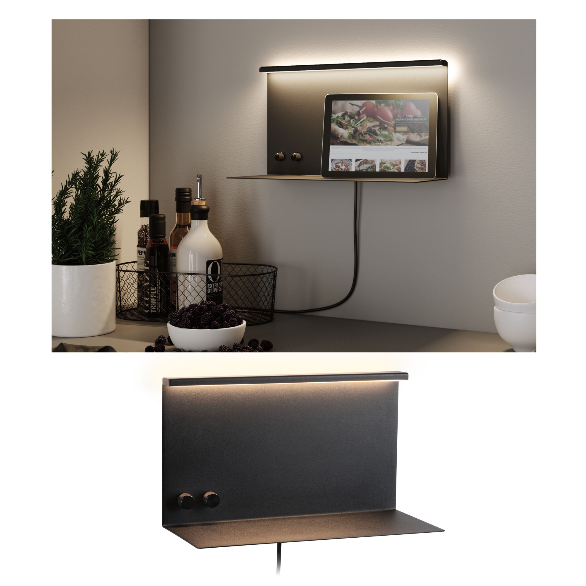 Black metal LED wall light with shelf and warm white light for modern living spaces.