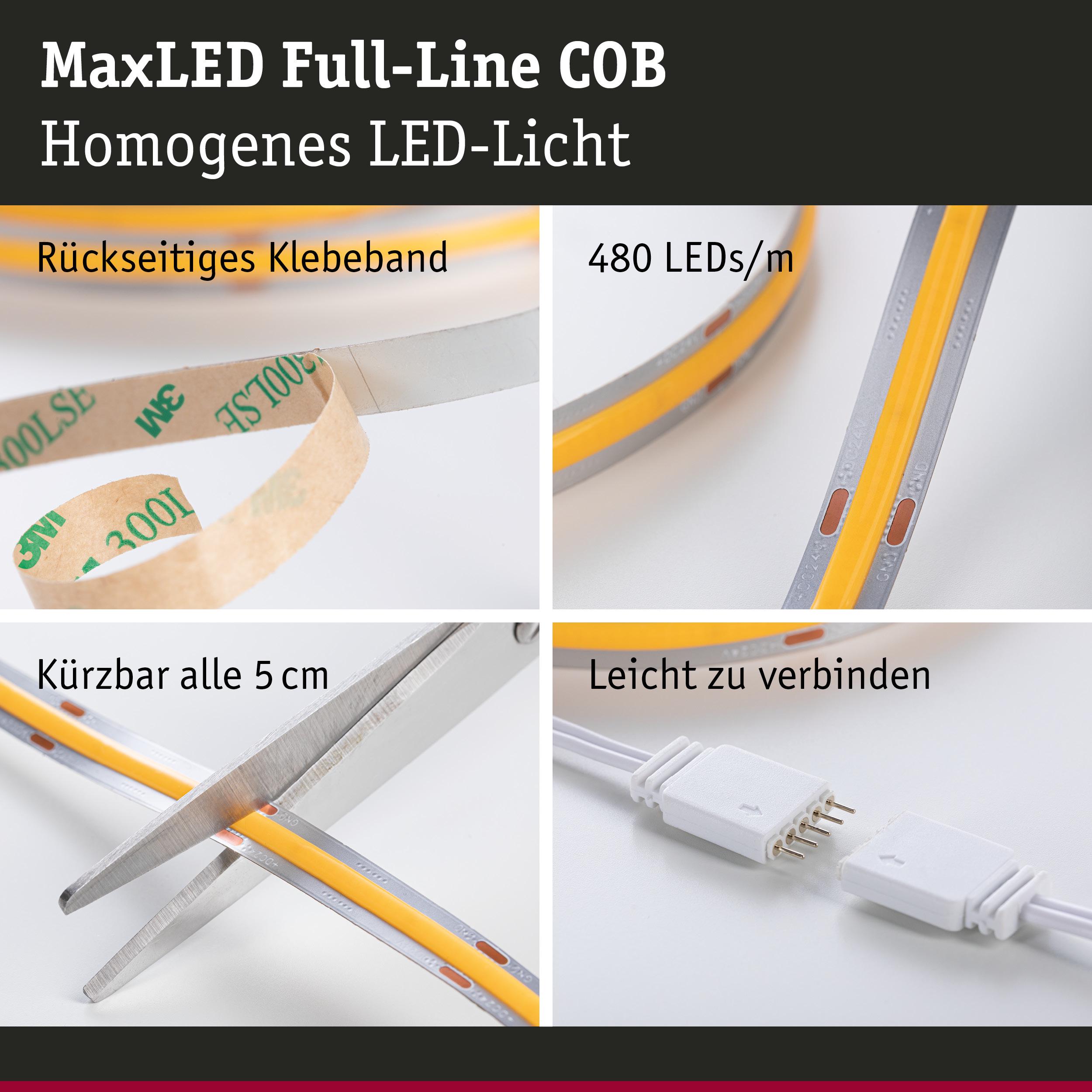 MaxLED Full-Line COB LED-Streifen mit 480 LEDs/m, selbstklebend, alle 5 cm kürzbar, einfach verbindbar