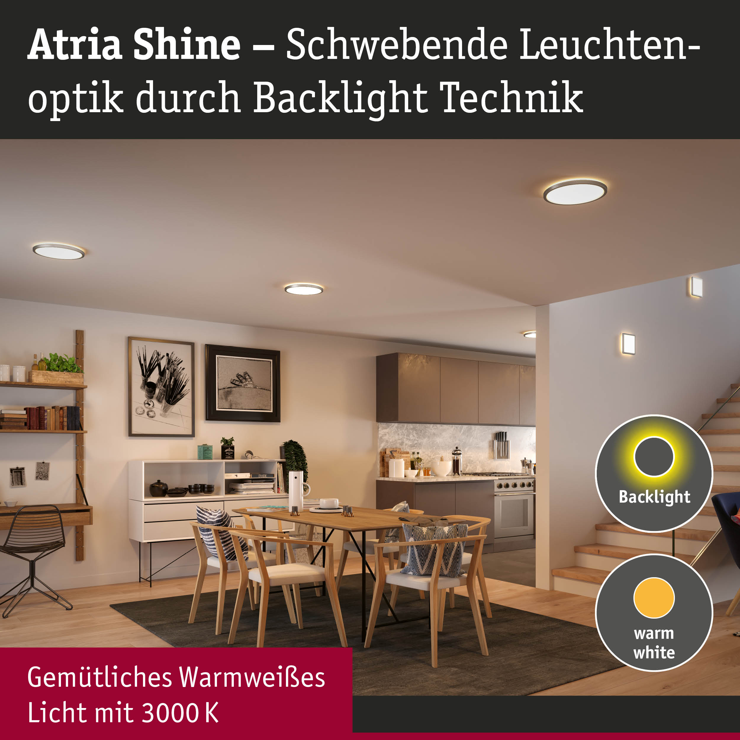 Moderne Atria Shine Deckenleuchten mit Backlight-Technik in warmweißem Licht für gemütliche Wohnräume