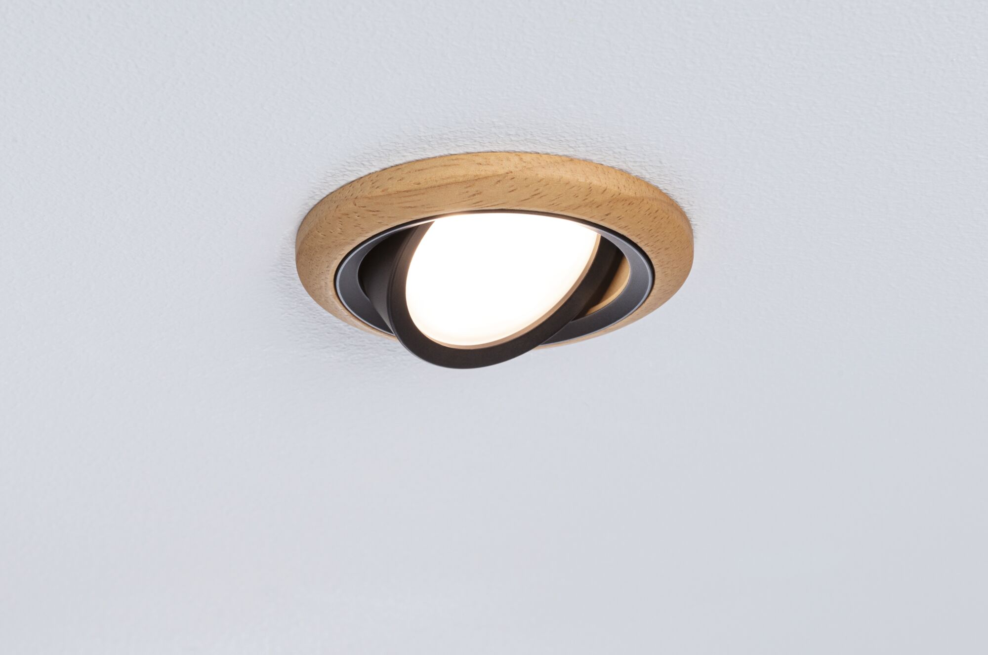 Ceiling recessed spotlight with wooden ring and adjustable black lamp head for modern interior lighting