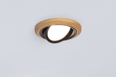Decken-Einbaustrahler aus Holz und schwarz mit warmweißem LED-Licht für moderne Wohnräume