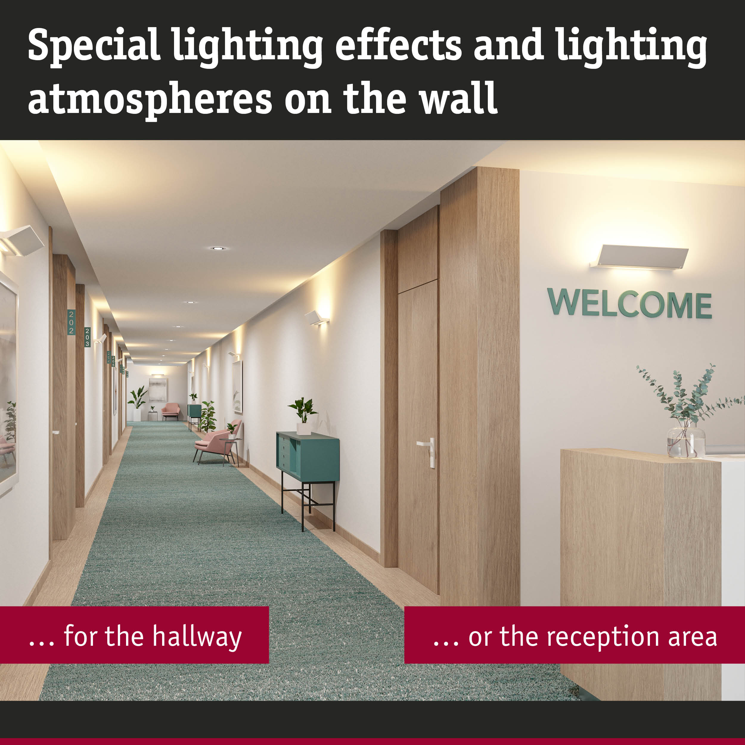 Modern hallway with white wall lights and wood accents creating ambient lighting in reception area