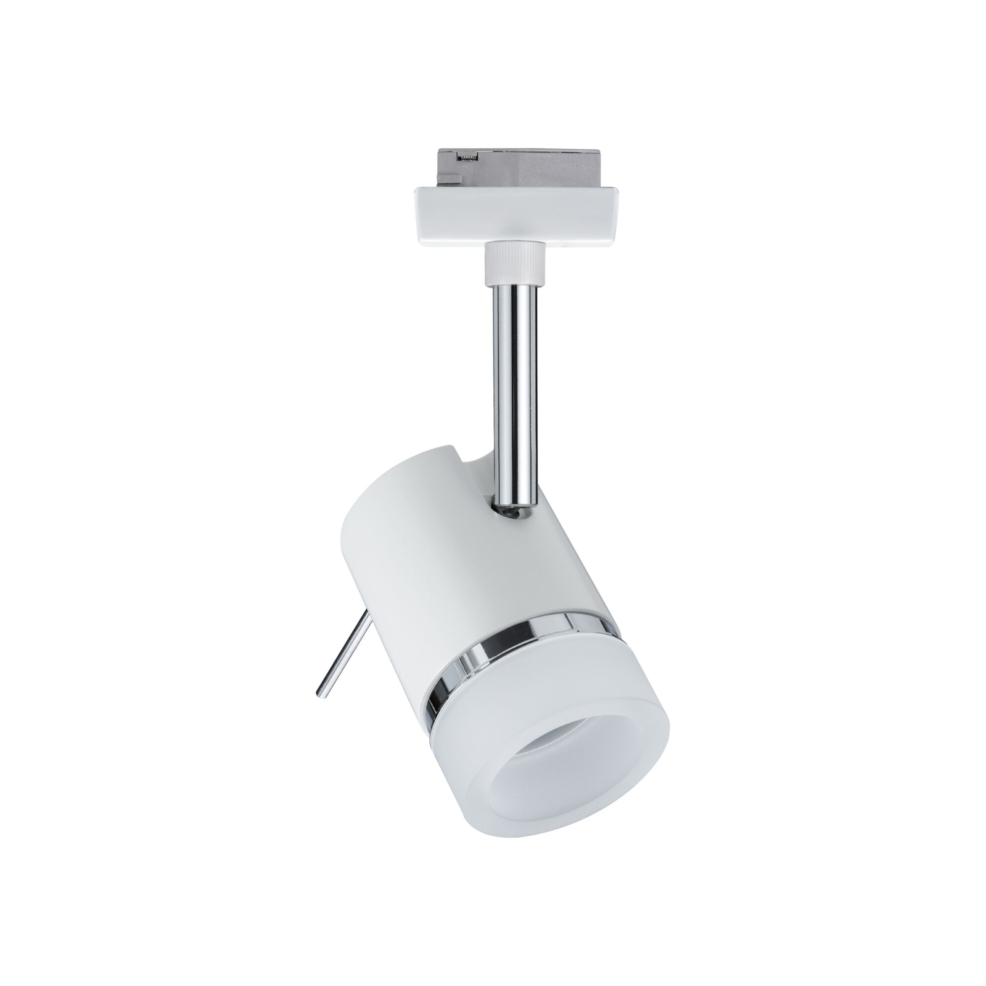 Moderner weißer LED-Strahler aus Metall mit verchromtem Stab für flexible Beleuchtung