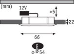 Technische Zeichnung LED-Einbaustrahler mit 66 mm Länge, 22 mm Höhe und 54 mm Einbaudurchmesser
