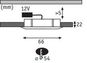 Schéma technique d'un spot LED encastré de 66 mm de long, 22 mm de haut et 54 mm de diamètre d'installation