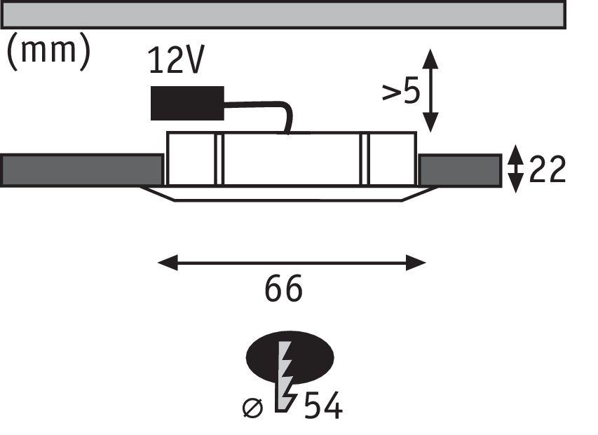 Schéma technique d'un spot LED encastré de 66 mm de long, 22 mm de haut et 54 mm de diamètre d'installation