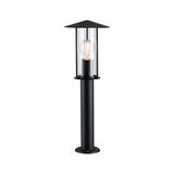 Black outdoor metal lamp with clear glass and visible bulb for garden lighting