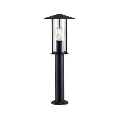 Black outdoor metal lamp with clear glass and visible bulb for garden lighting
