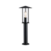 Black metal outdoor lamp with clear glass and visible LED bulb for garden lighting