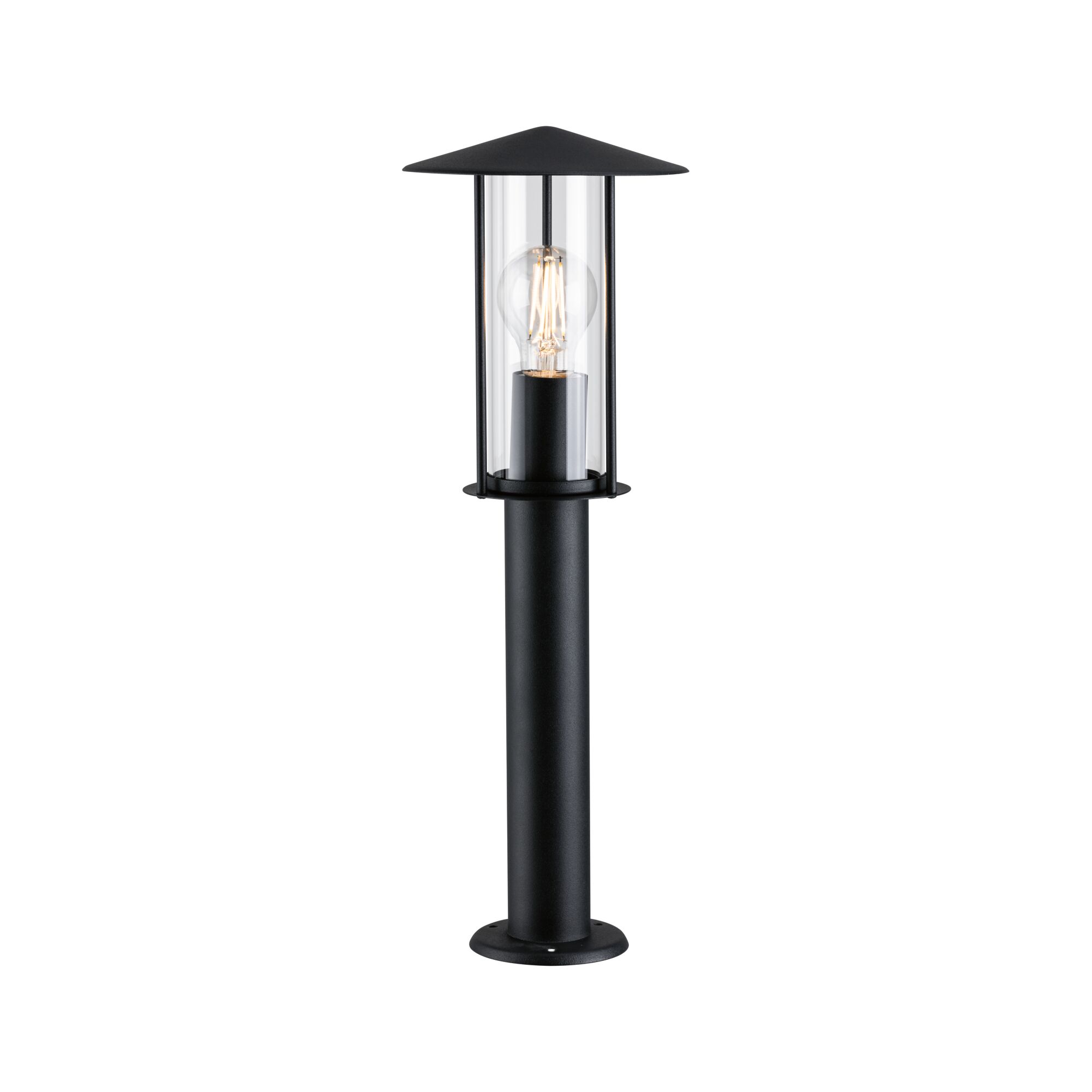 Schwarze Außenleuchte aus Metall mit klarem Glas und sichtbarer LED-Glühbirne für Gartenbeleuchtung