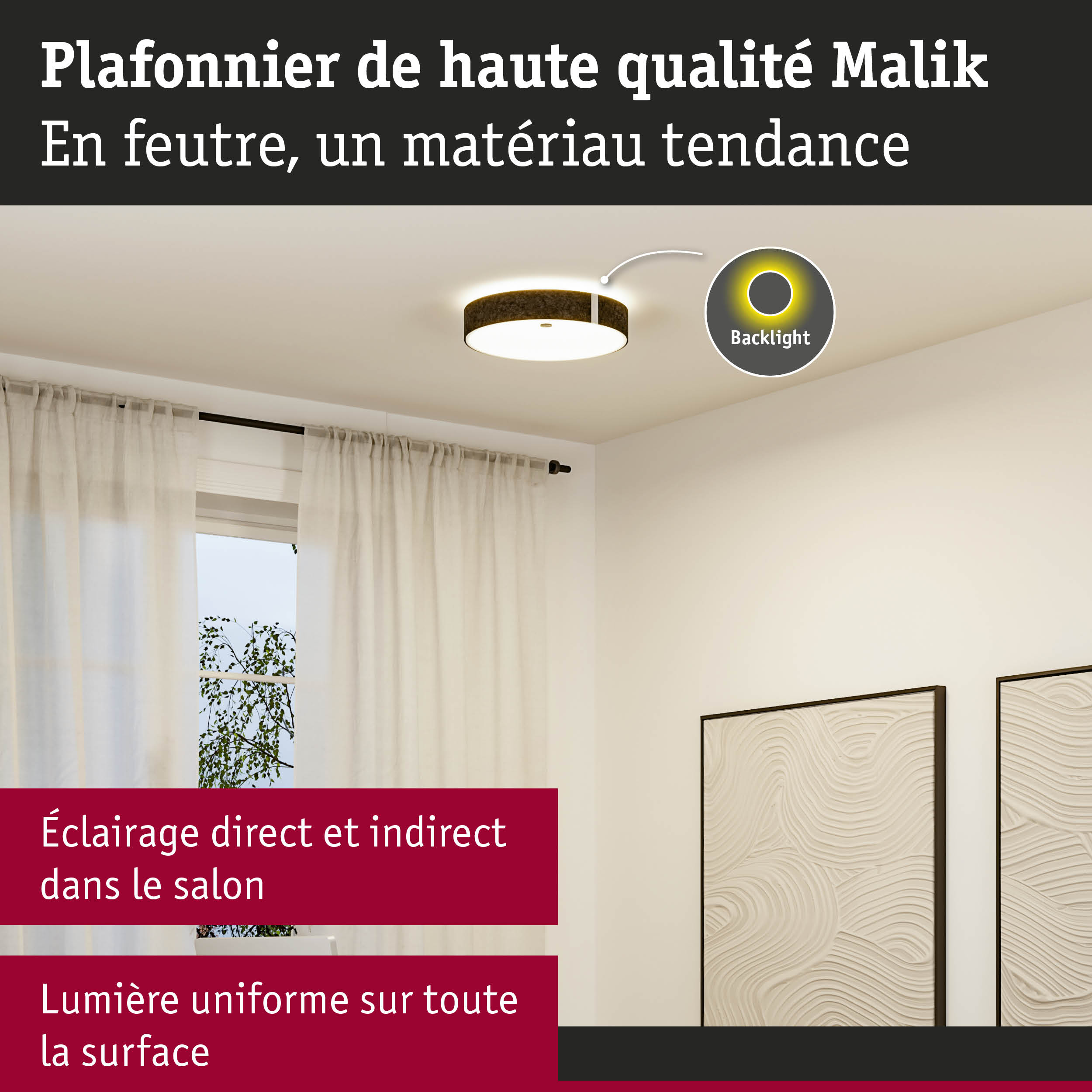 Plafonnier Malik en feutre marron avec éclairage direct et indirect pour salon moderne