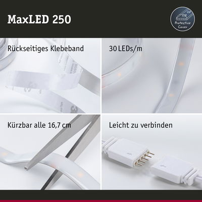 MaxLED 250 LED-Lichtband mit rückseitigem Klebeband, schneidbar alle 16,7 cm, weißes flexibles Material
