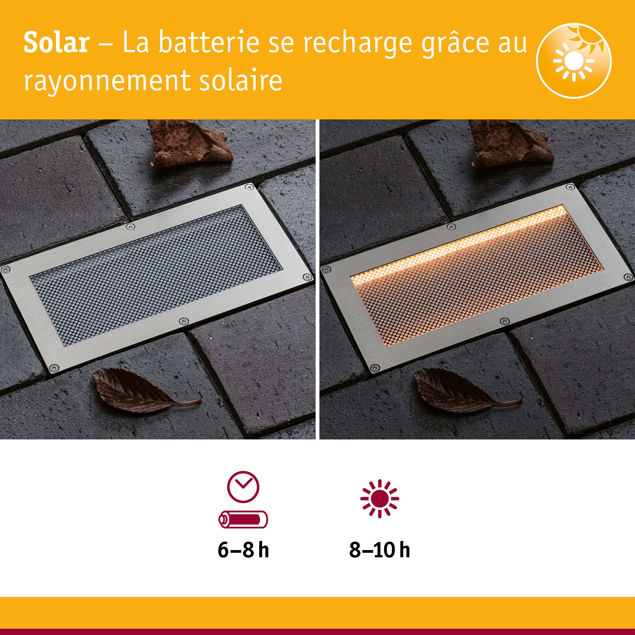 Solar Encastré de sol LED Sorea Capteur crépusculaire IP67 carré 200x100mm 2200K 0,3W 14lm 3,7V Acier brossé ABS/Polycarbonate/Acier inoxydable