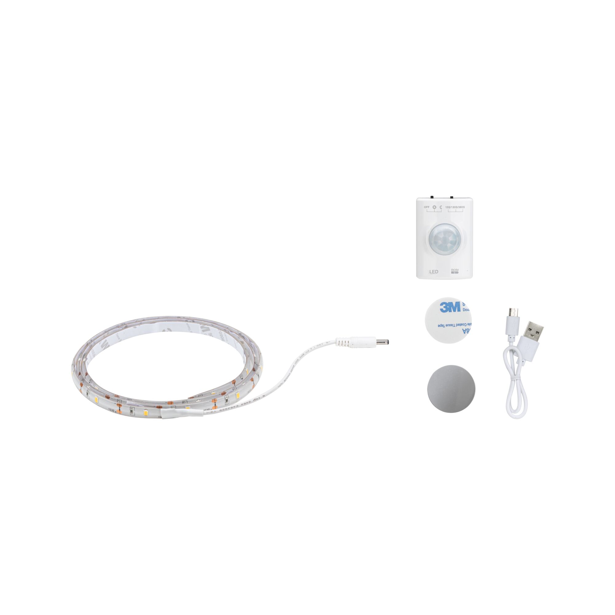 White LED strip light with motion sensor, USB cable, and mounting accessories for versatile lighting