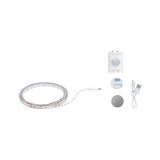 White LED strip light with motion sensor, USB cable, and mounting accessories for versatile lighting