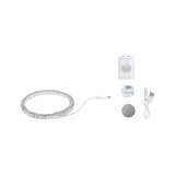 White LED strip light with motion sensor, USB cable, and mounting accessories for versatile lighting