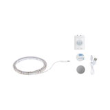 White LED strip light with motion sensor, USB cable, and mounting accessories for versatile lighting