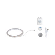 White LED strip light with motion sensor, USB cable, and mounting accessories for versatile lighting