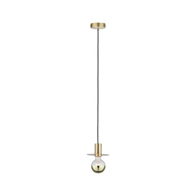Modern brass pendant light with black cord and half-transparent bulb for stylish home lighting