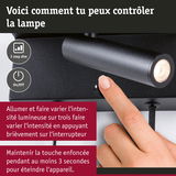 Lampe murale LED noire avec variateur tactile et interrupteur marche/arrêt pour contrôle en 3 étapes