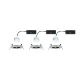 Three white LED recessed spotlights with black cables and mounting brackets for ceiling installation