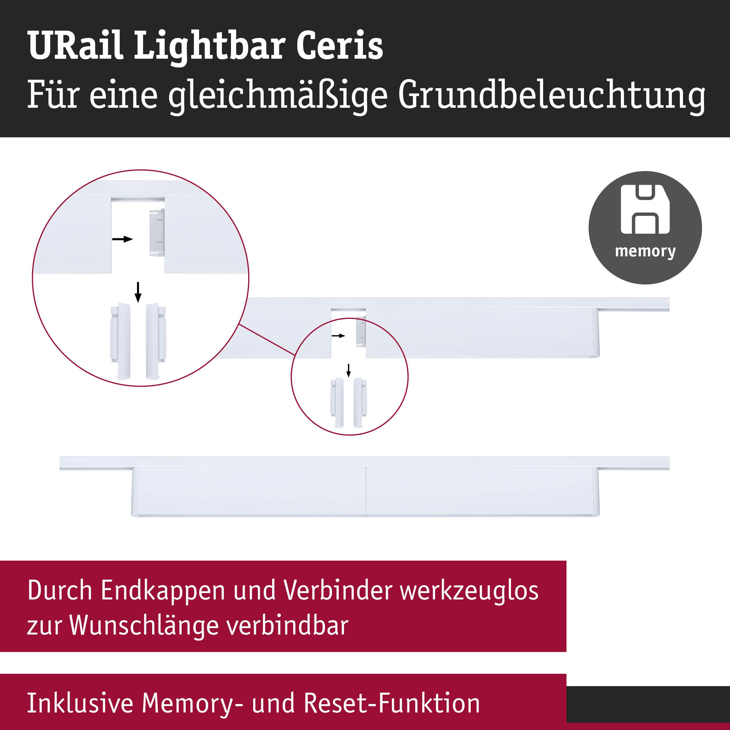 Weiße URail Lightbar Ceris für gleichmäßige Grundbeleuchtung mit Memory- und Reset-Funktion