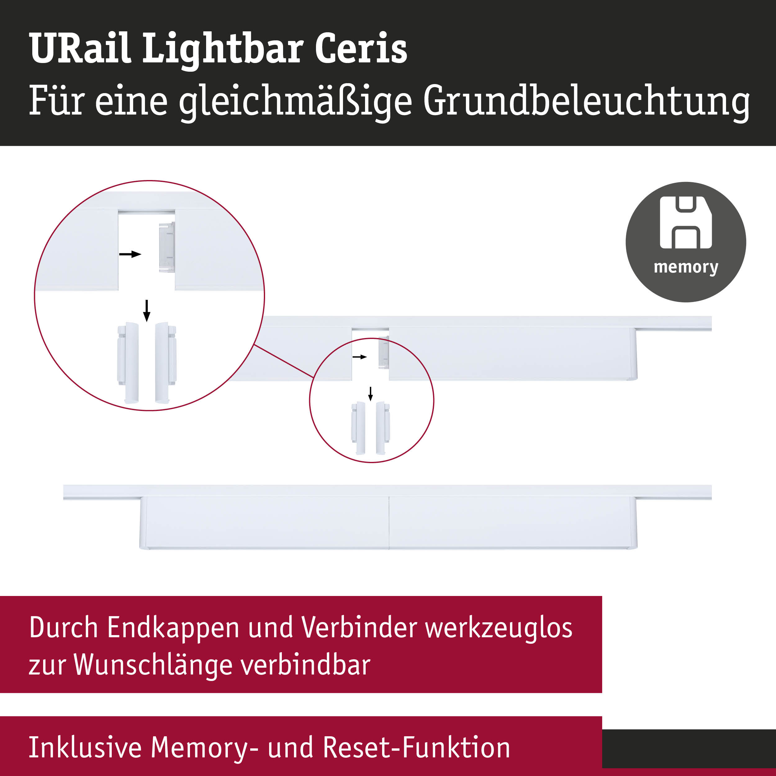 Weiße URail Lightbar Ceris Schiene mit Endkappen und Verbindern für flexible LED-Grundbeleuchtung