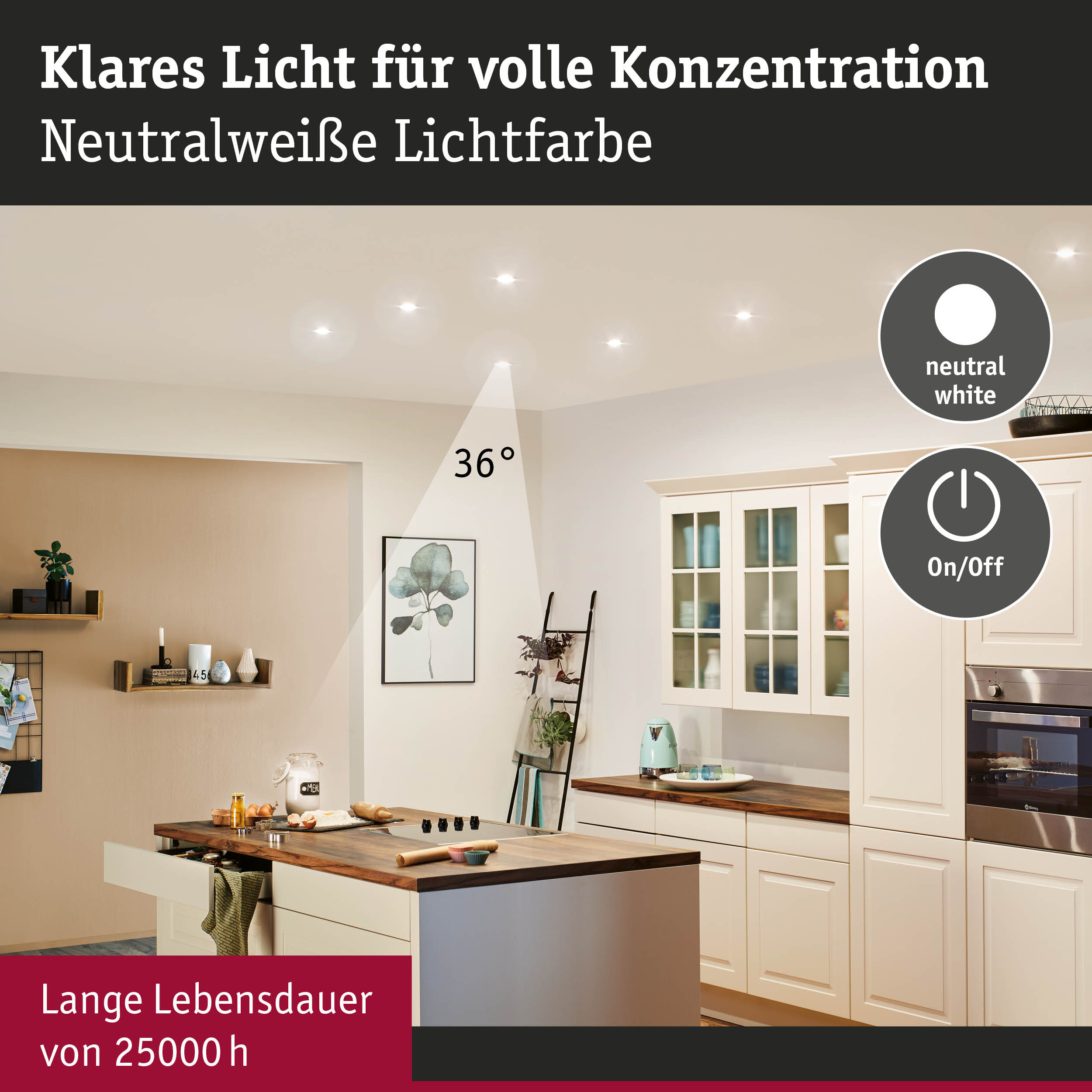 Moderne Küche mit neutralweißer LED-Deckenbeleuchtung für volle Konzentration und lange Lebensdauer
